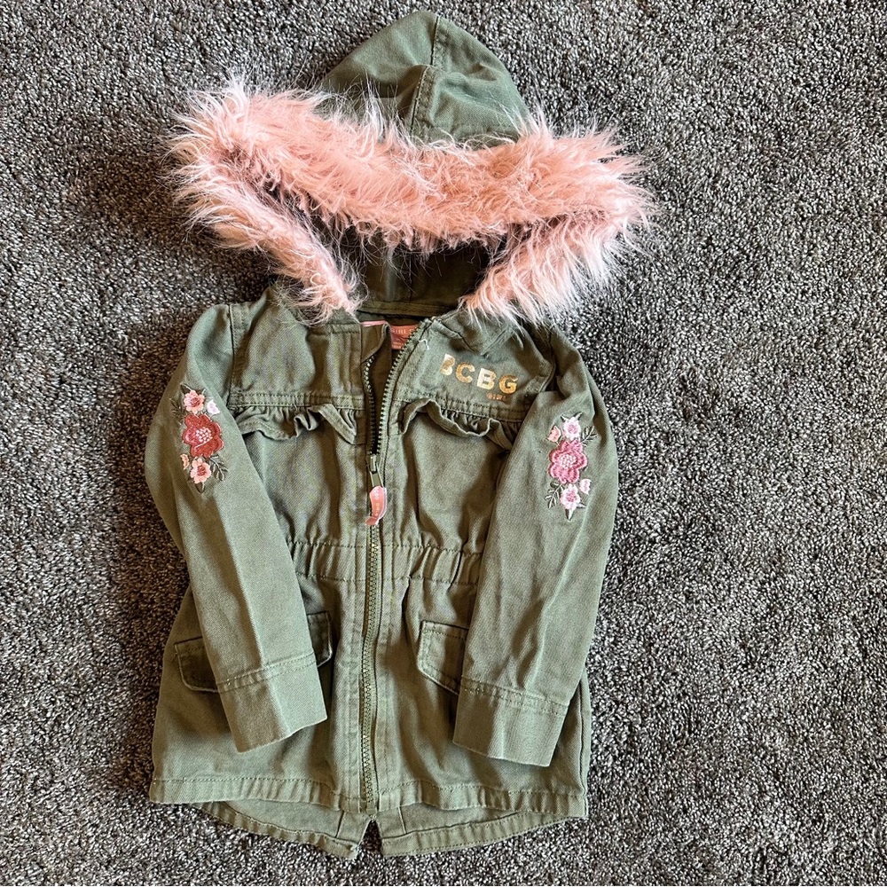 BCBG Girls 4T khaki green hooded coat with embroidered floral details